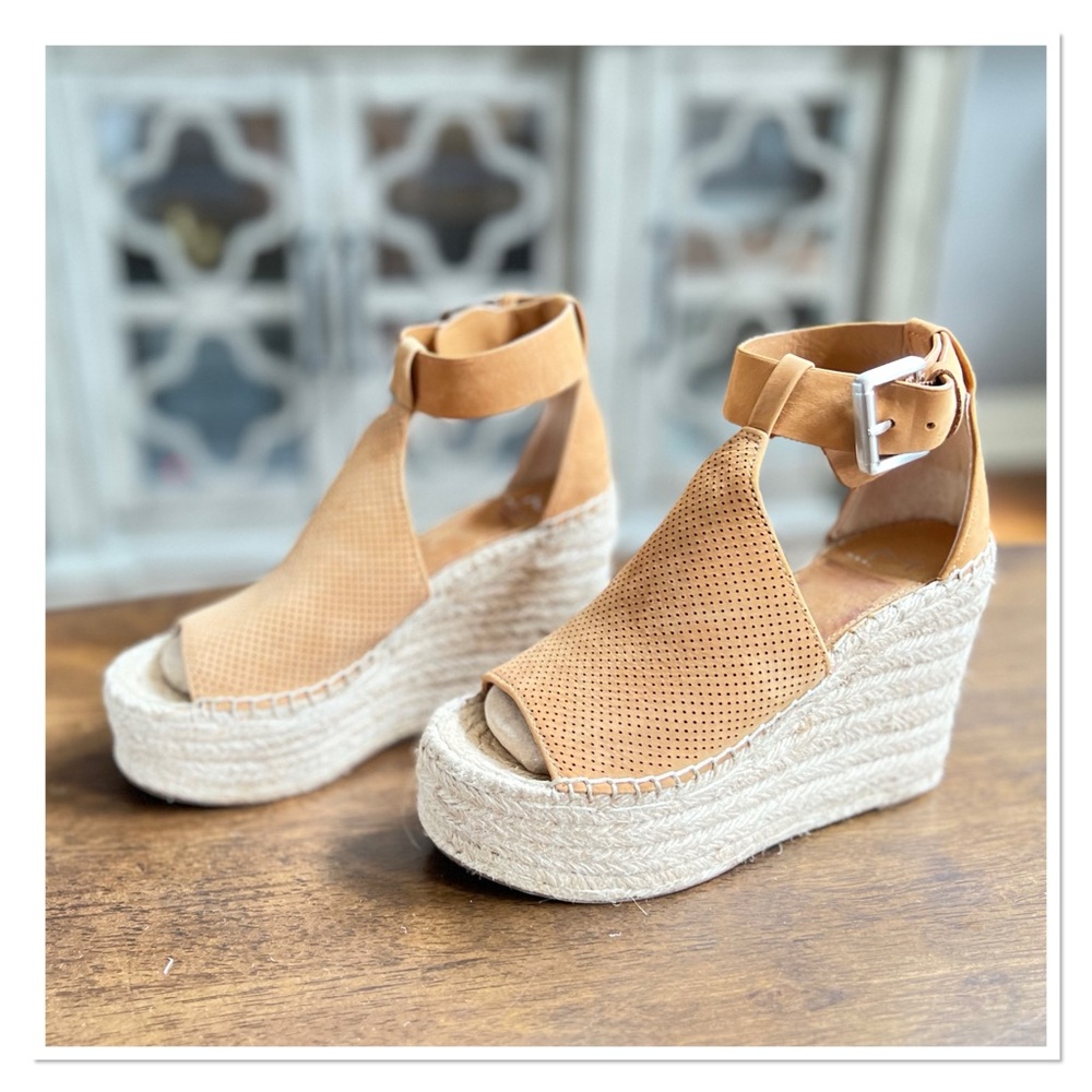 MARC FISHER 'Annie' Tan Perforated Espadrille Wedge Sandals
